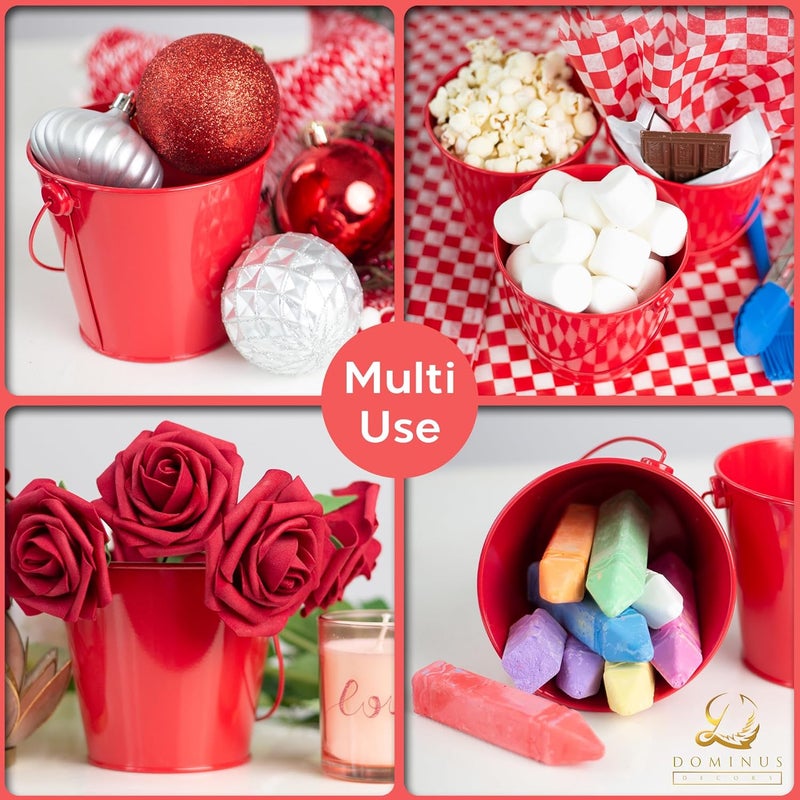 Dominus Decors Small Metal Buckets with Handles - Rust Resistant Leak-Proof Mini Tin Buckets for Classroom, Party Favors, Organization, Weddings, Gardening - Set of 6, Red - Image 4